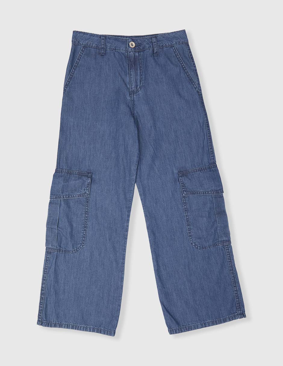 Jeans cargo amplio lavado medio para niña Jeans cargo amplio lavado medio para niña