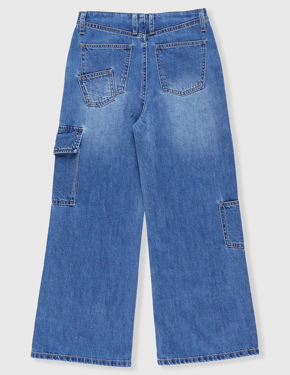 Jeans cargo amplio lavado stone wash para niña 2