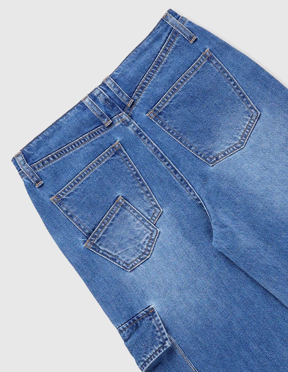 Jeans cargo amplio lavado stone wash para niña 4